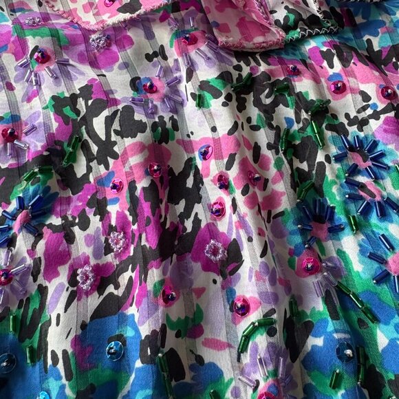 Vintage Diane Freis Georgette Dress | OSFM | 80s Boho Chic Beaded Pleated Polka - Picture 5 of 16